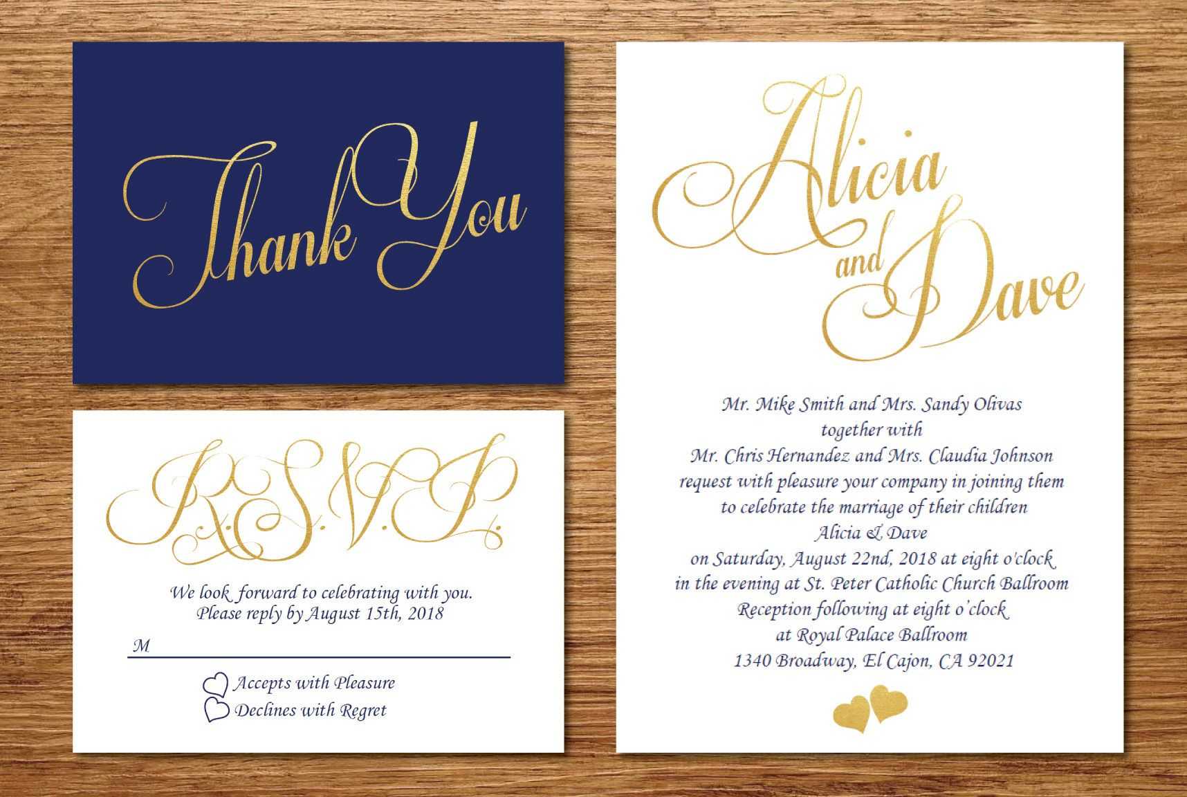 Printable Navy Blue And Gold Wedding Invitation/wedding Regarding Wedding Card Size Template