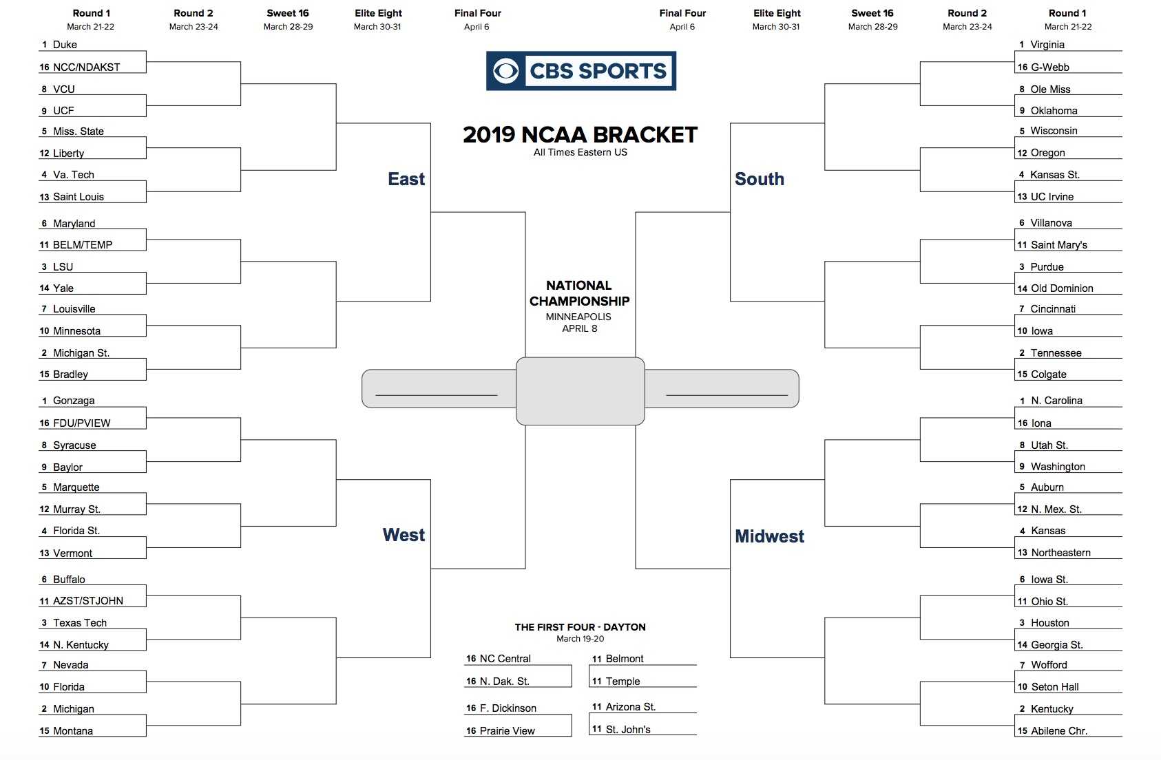 Printable Ncaa Tournament Bracket For March Madness 2019 Inside Blank March Madness Bracket Template