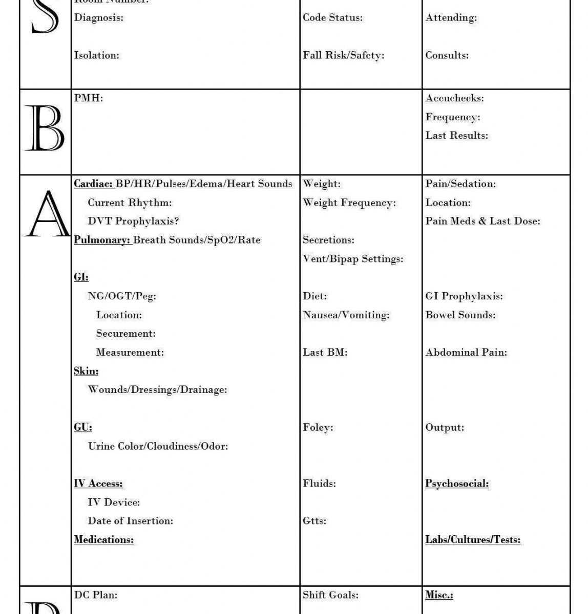 Printable Nursing Report Sheet Template Together With Sbar For Med Surg Report Sheet Templates