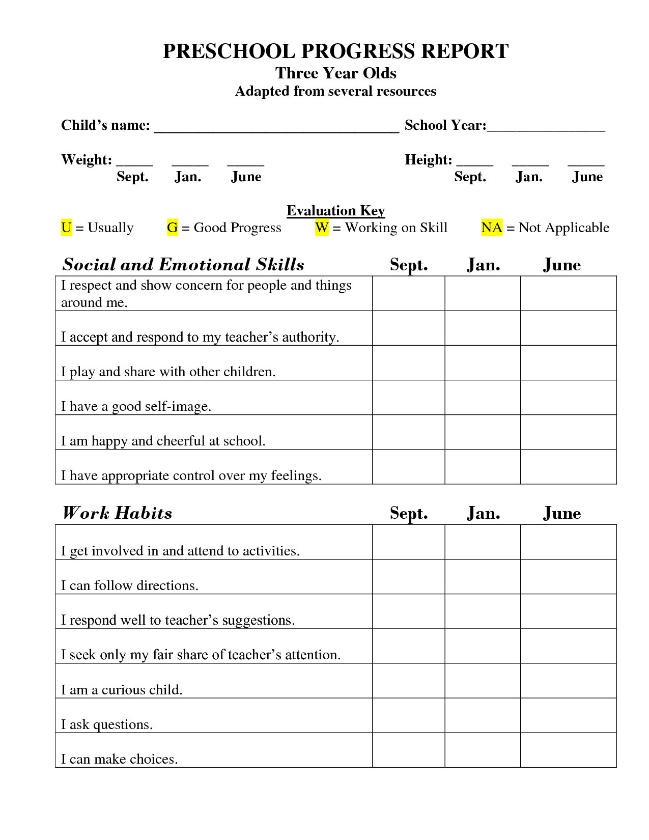 Printable Preschool Progress Report Template | Kg In Daily Behavior Report Template