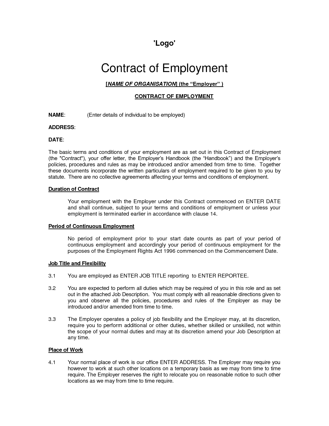 Printable Sample Employment Contract Sample Form | Laywers Inside Nanny Contract Template Word