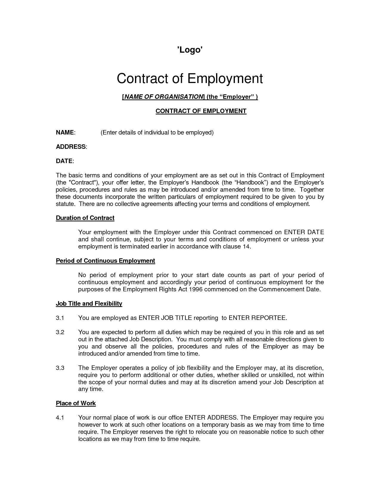 Printable Sample Employment Contract Sample Form | Laywers Inside Nanny Contract Template Word