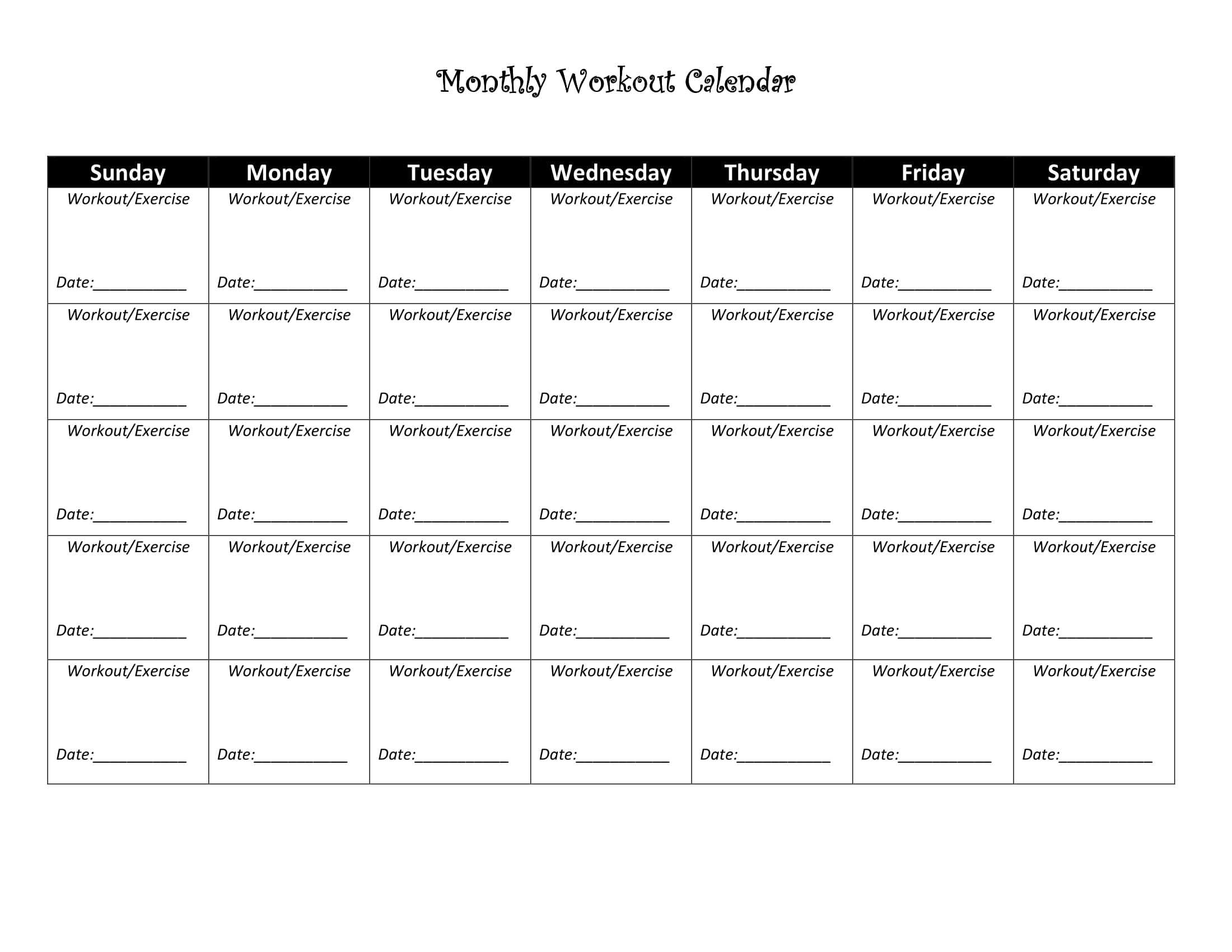 Printable Workout Calendar Inside Blank Workout Schedule Template