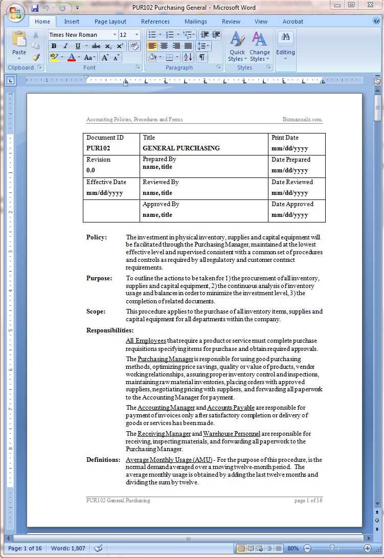 Procurement Policy And Procurement Procedure Template With Procedure Manual Template Word Free