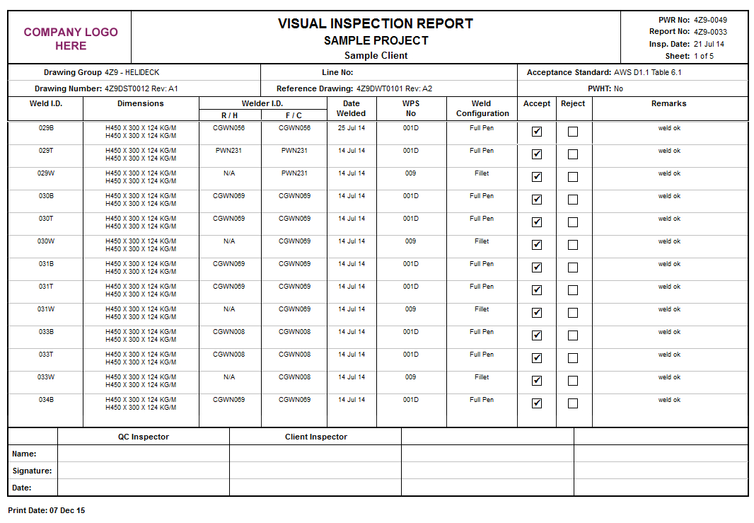 Product Detail For Welding Inspection Report Template