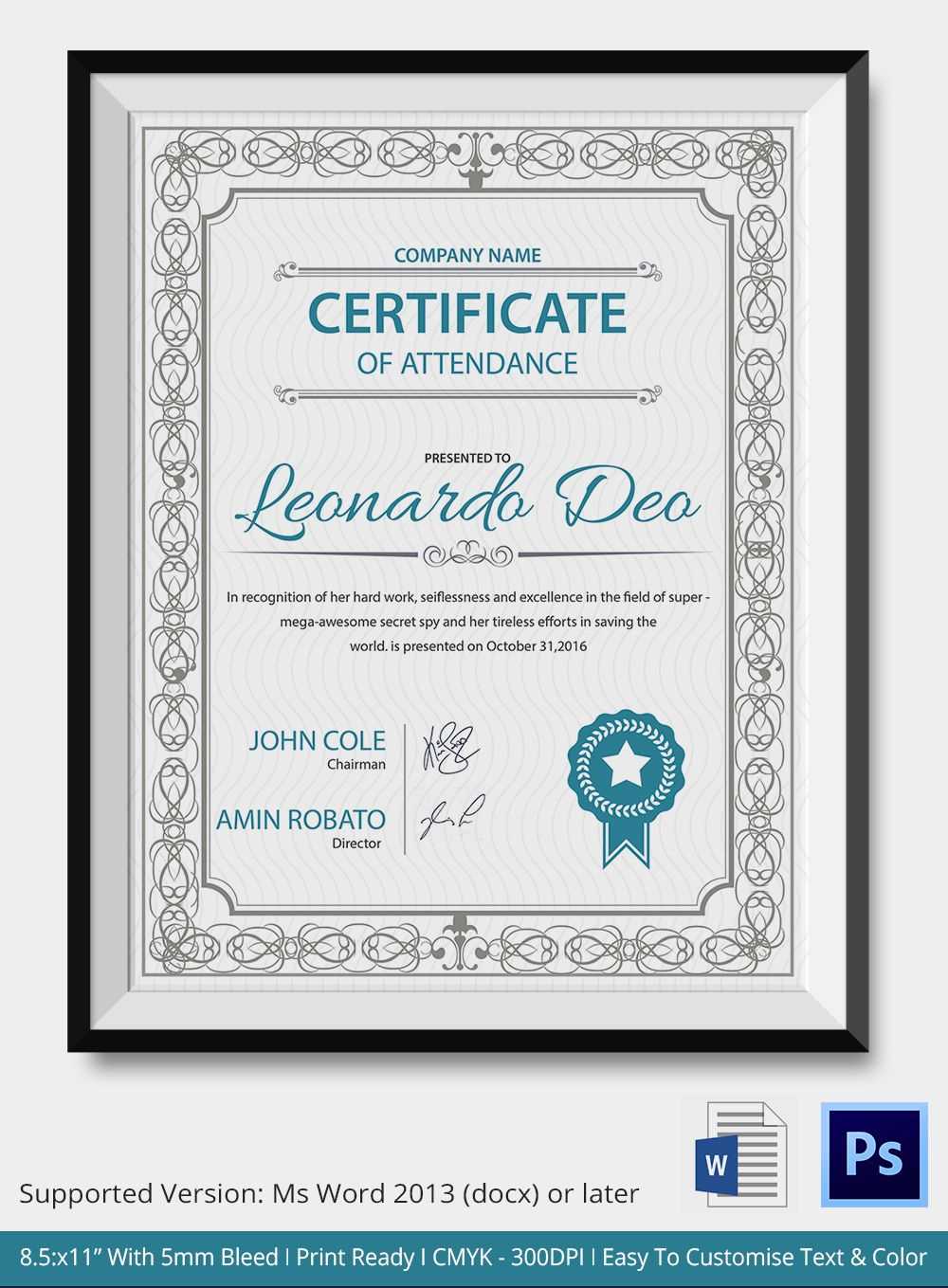 Professional Editable Certificate Of Attendance Template Intended For Professional Certificate Templates For Word