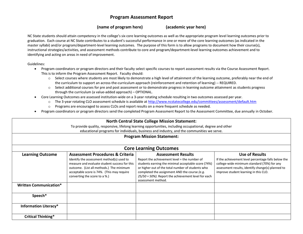 Program Assessment Report Template For State Report Template