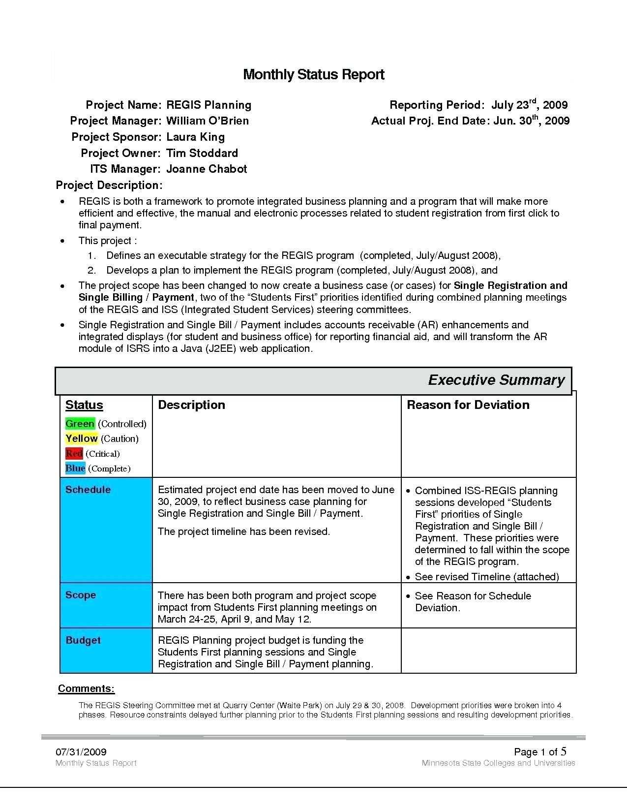 Project Management Status Report Template Reports Format In Monthly Program Report Template