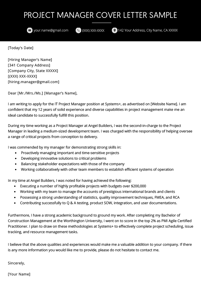 Project Manager Cover Letter Example | Resume Genius Intended For Letter Of Interest Template Microsoft Word