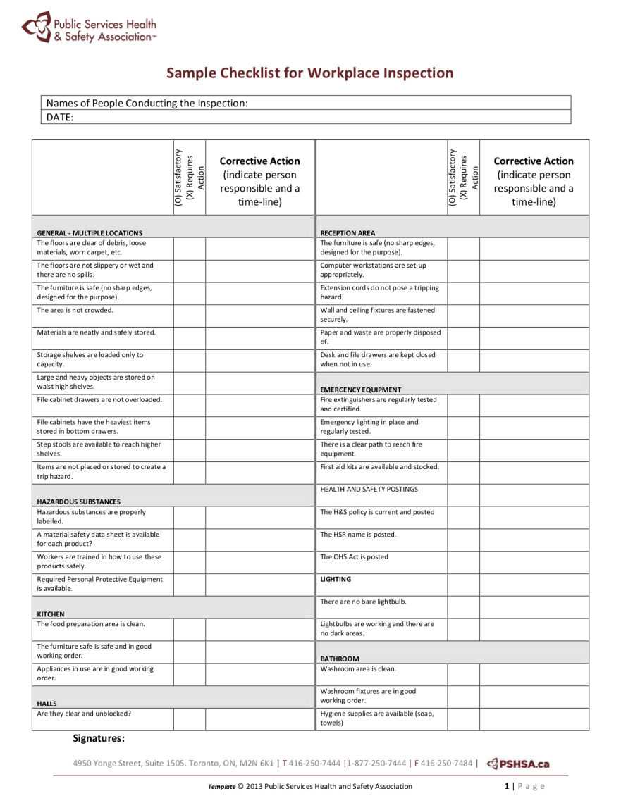 Pshsa | Sample Workplace Inspection Checklist Inside Ohs Monthly Report Template