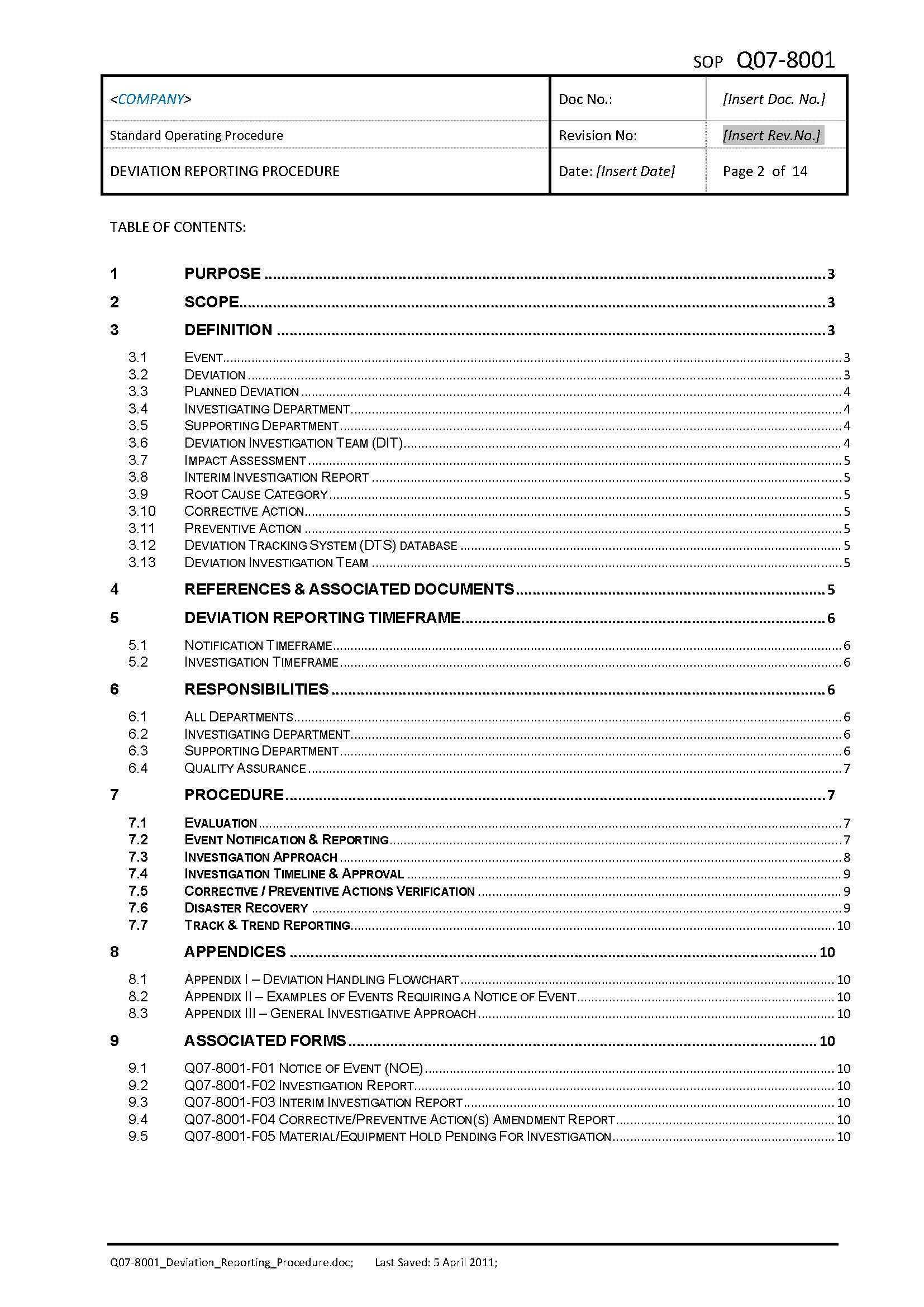 Q07 8001 Deviation Reporting Procedure - Gmp Templates For Deviation Report Template