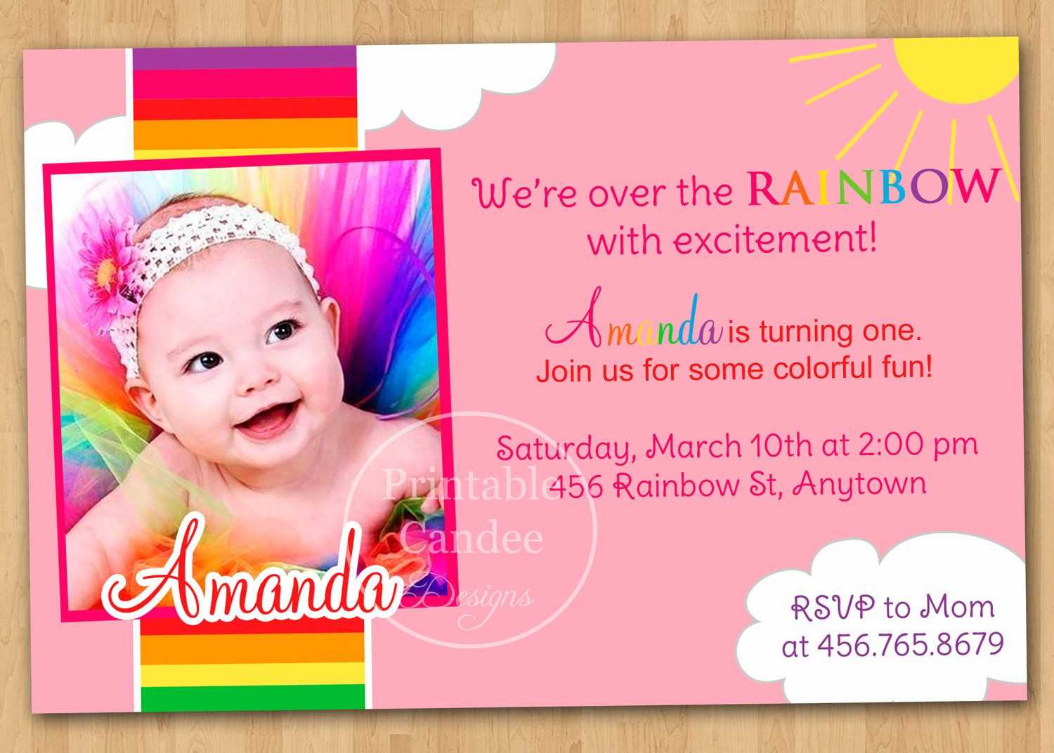Rainbow First Birthday Invitation Via Etsy. | Photo Birthday Throughout First Birthday Invitation Card Template