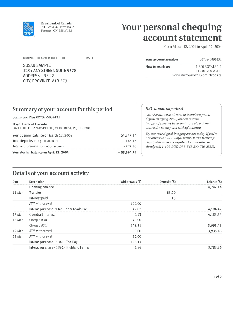 Rbc Bank Statement Psd – Fill Online, Printable, Fillable Pertaining To Blank Bank Statement Template Download