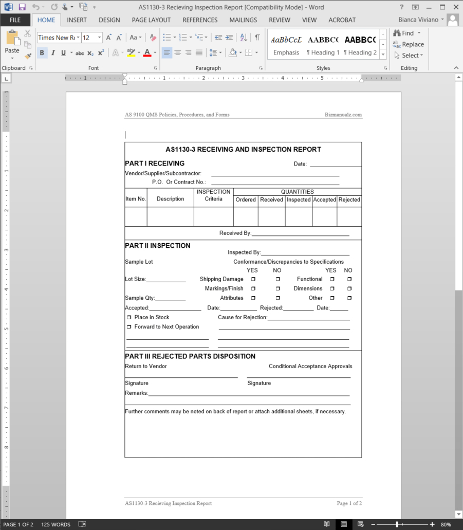 Receiving Inspection Report As9100 Template | As1130 3 Within Part Inspection Report Template