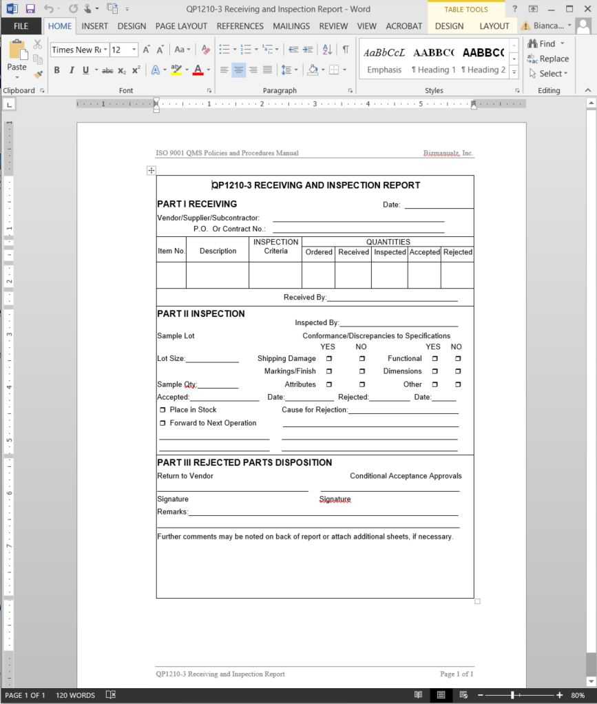 Receiving Inspection Report Iso Template | Qp1210 3 In Part Inspection Report Template