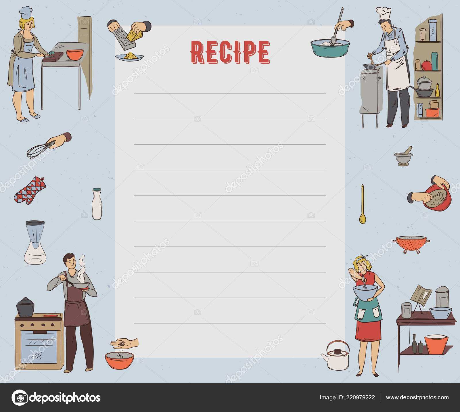 Recipe Card Cookbook Page Design Template People Preparing In Restaurant Recipe Card Template