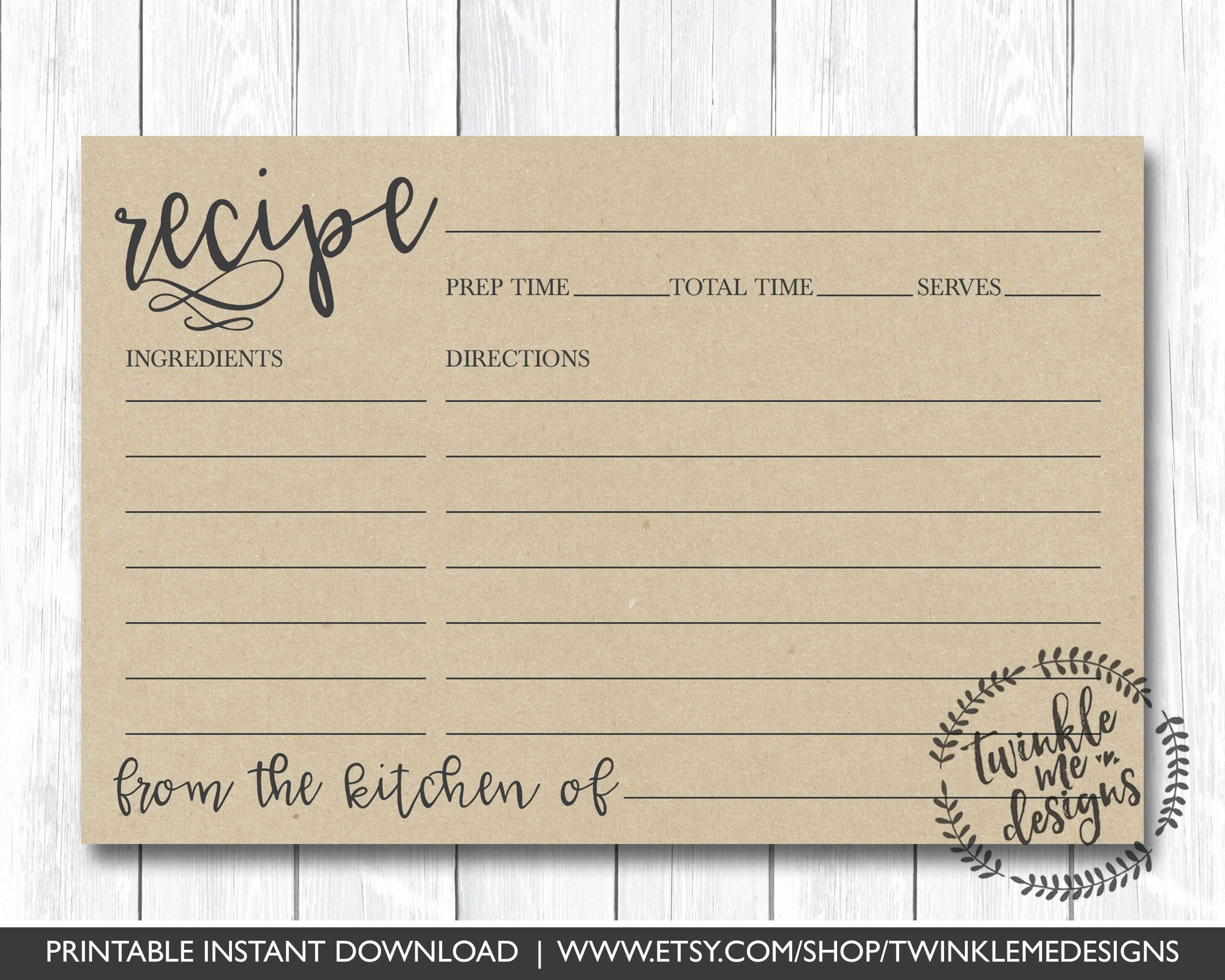 Recipe Card Printable, Printable Recipe Card, Diy Recipe Within 4X6 Photo Card Template Free