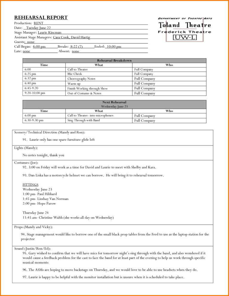 Rehearsal Report Template