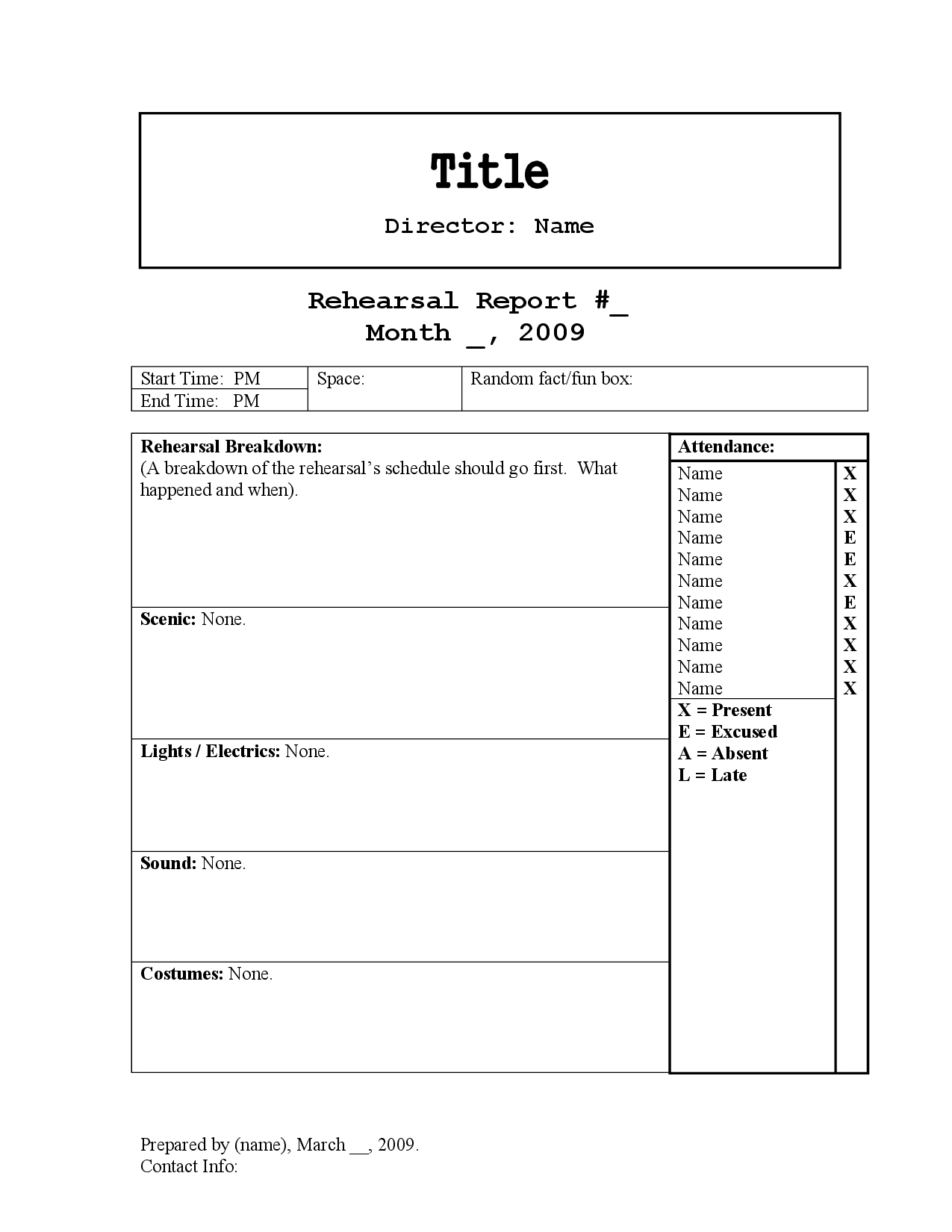 Rehearsal Report Template | Stage Manager In 2019 | Project For Sound Report Template