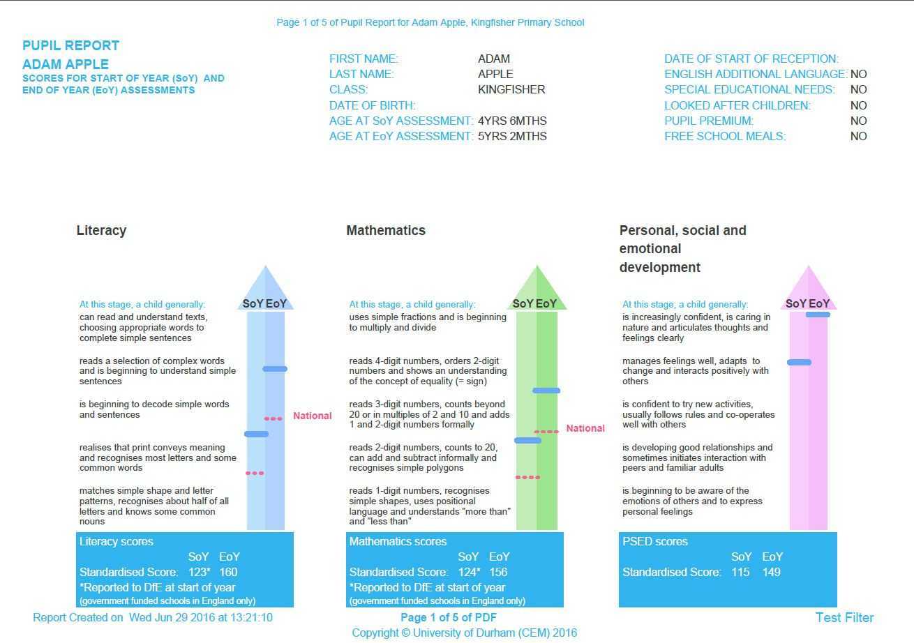 Reporting & Feedback – Cem Inside Pupil Report Template