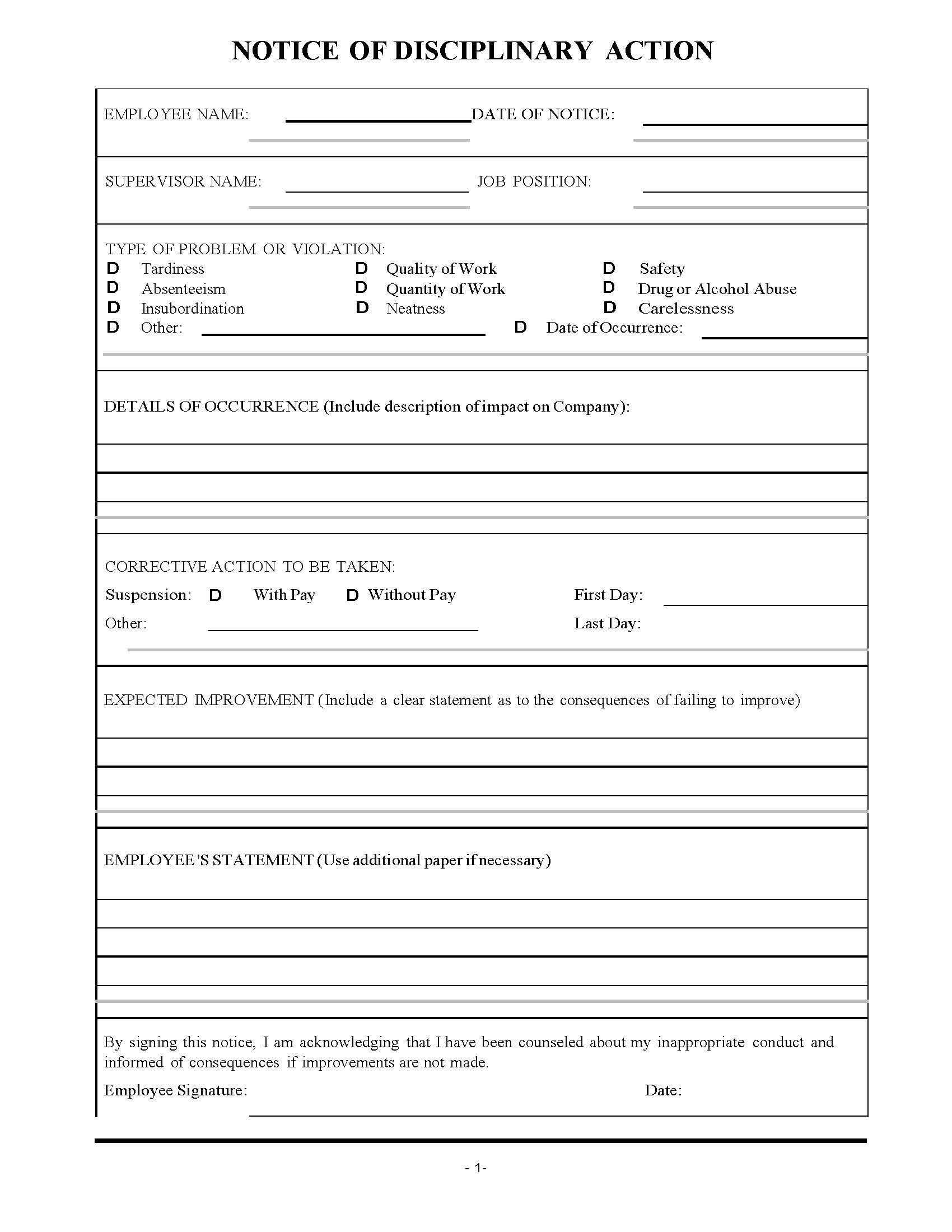 Restaurant Employee Disciplinary Action Form. | Restaurant For Sample Hr Audit Report Template