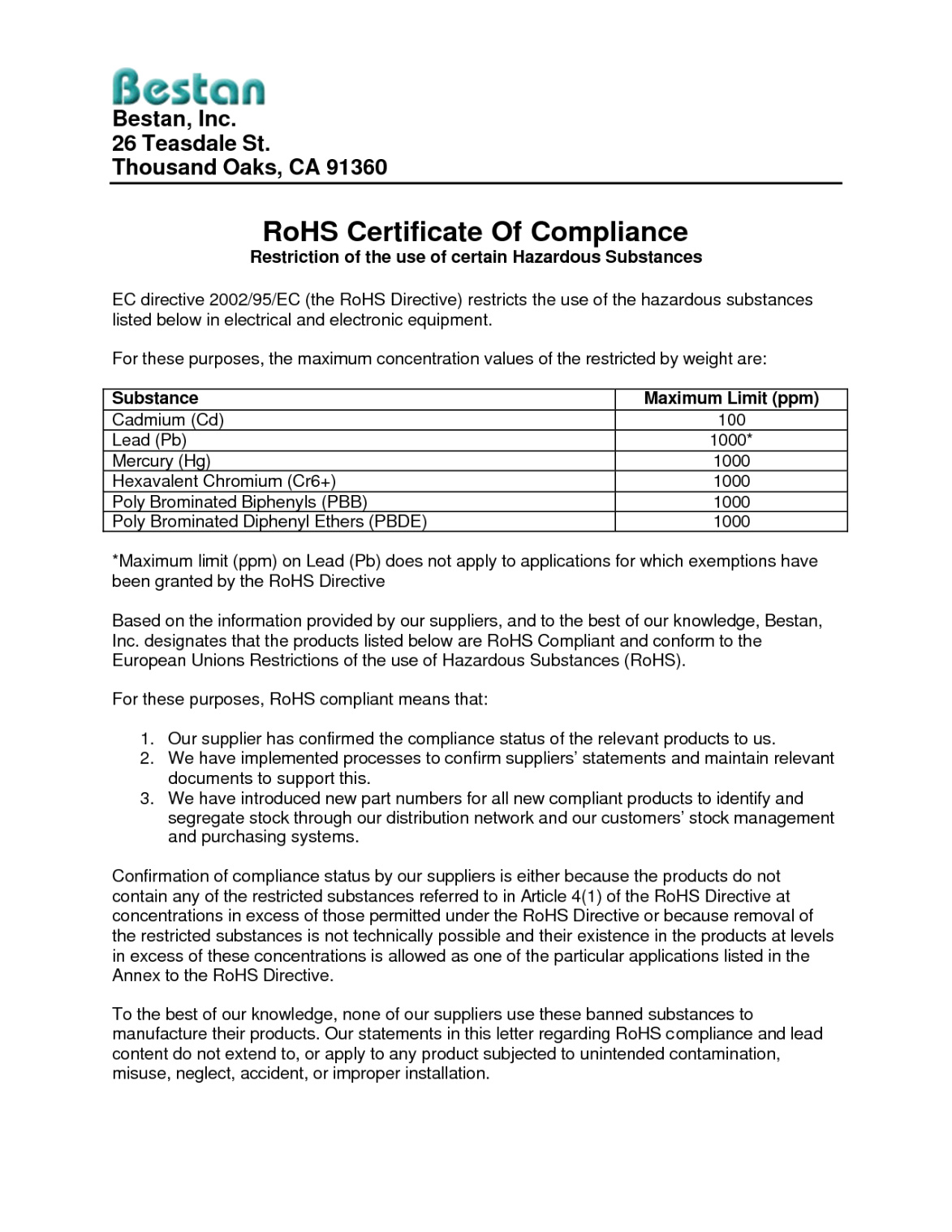 Rohs Certificate Of Compliance (Certificate Of Compliance Within Certificate Of Compliance Template