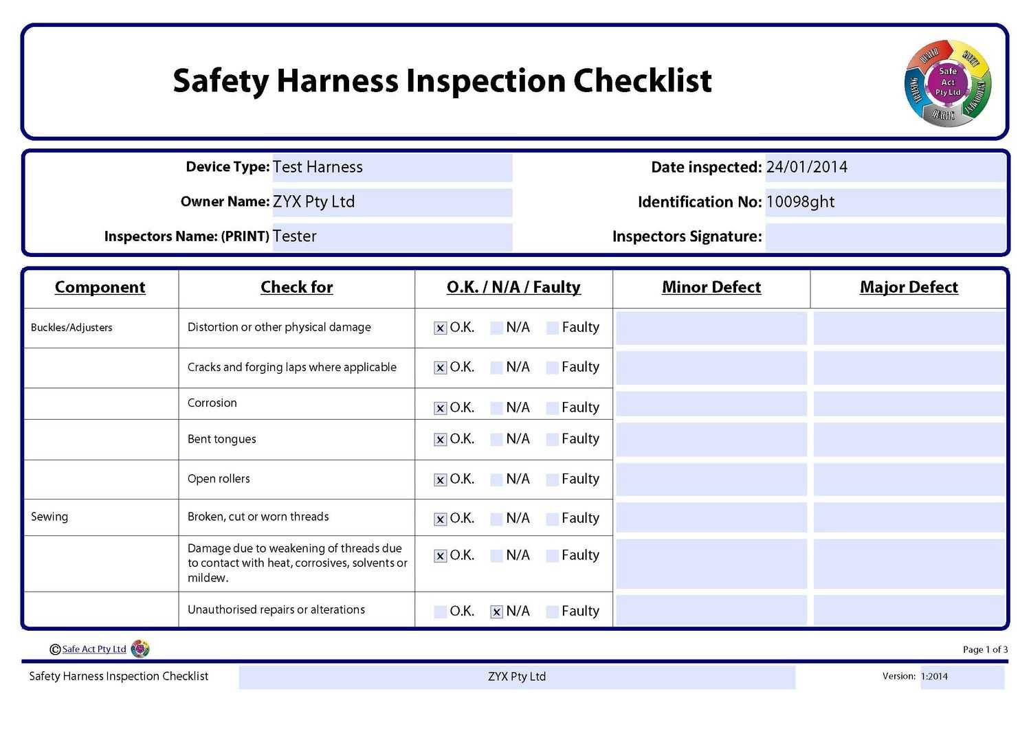 Safety Harness Inspection Checklist With Certificate Of Inspection Template