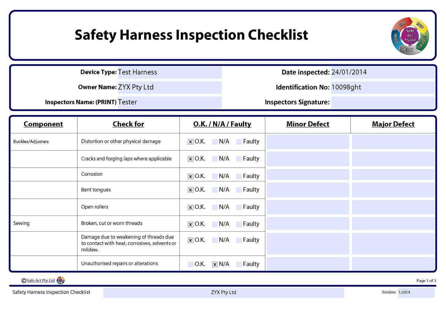 Safety Harness Inspection Checklist With Certificate Of Inspection Template