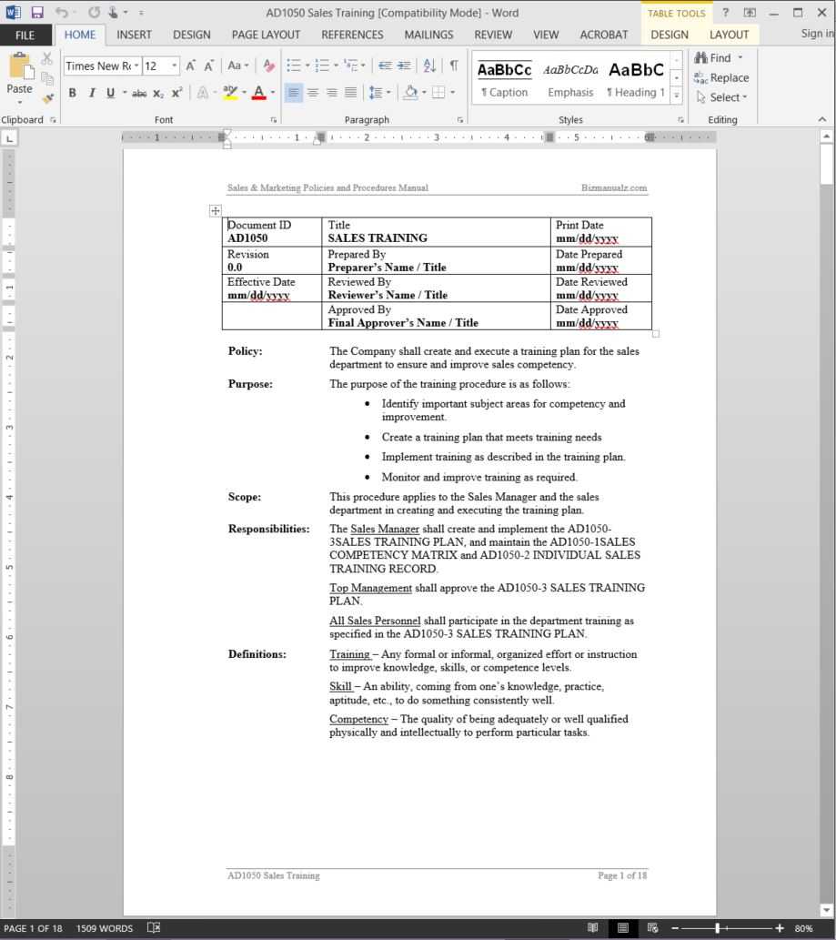 Sales Training Procedure | Ad1050 With Regard To Training Manual Template Microsoft Word