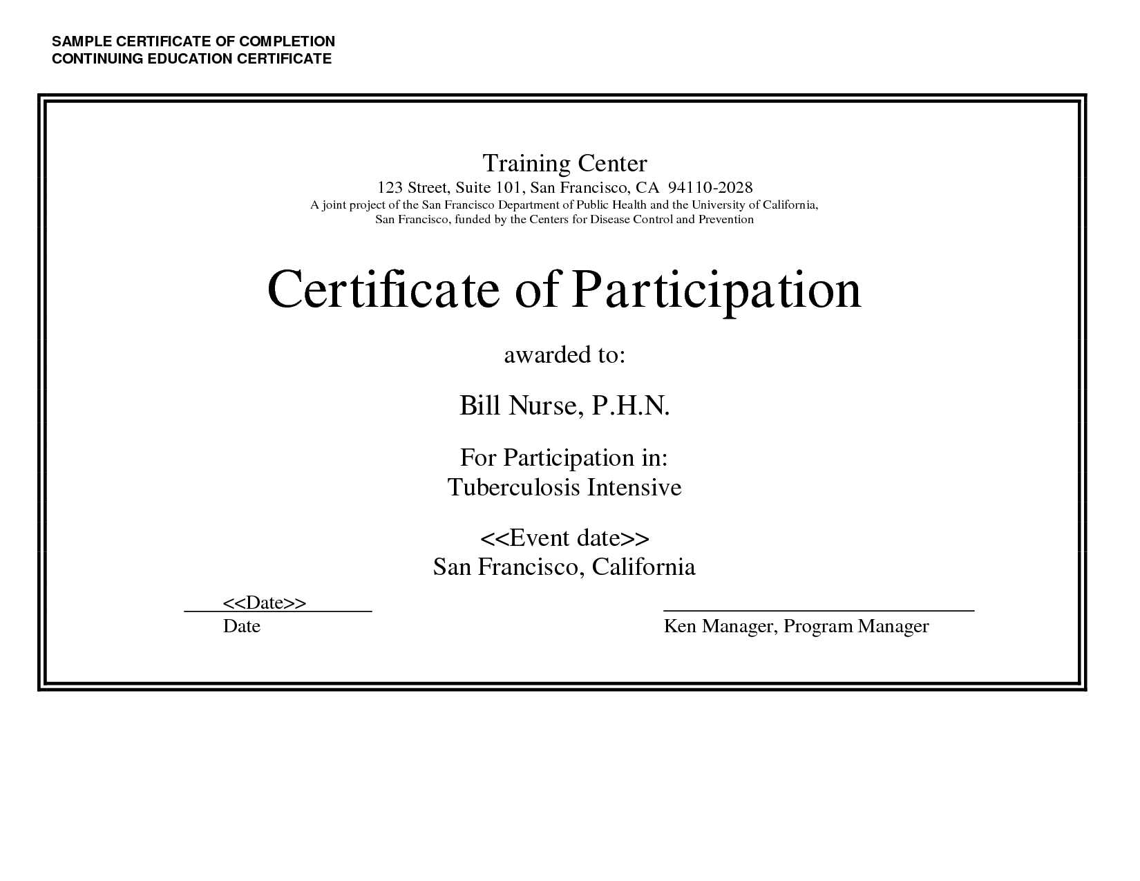 Sample Certificate Of Completion Continuing Education For Continuing Education Certificate Template