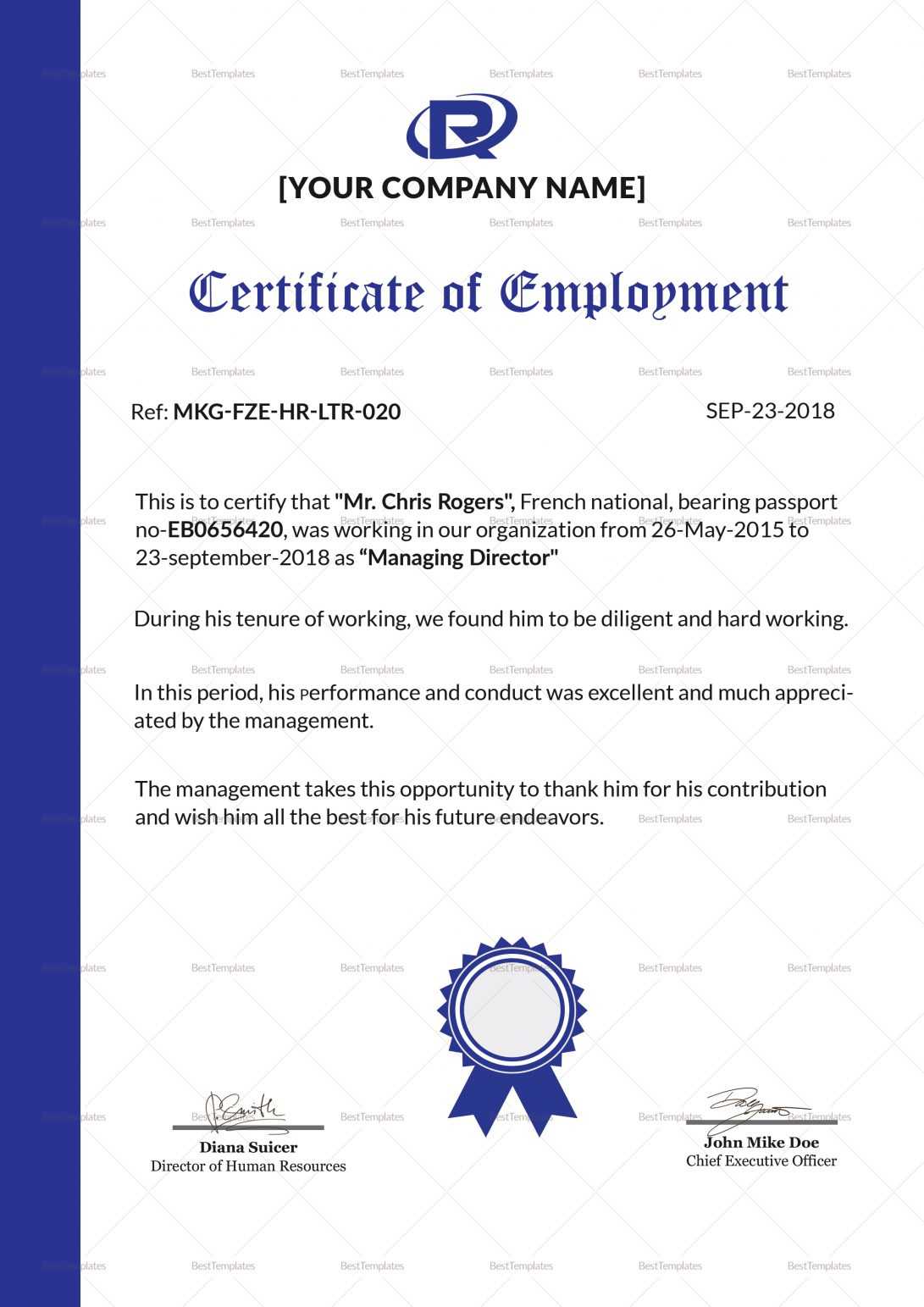 Sample Certificate Of Employment Template Request Letter For With Regard To Certificate Of Employment Template