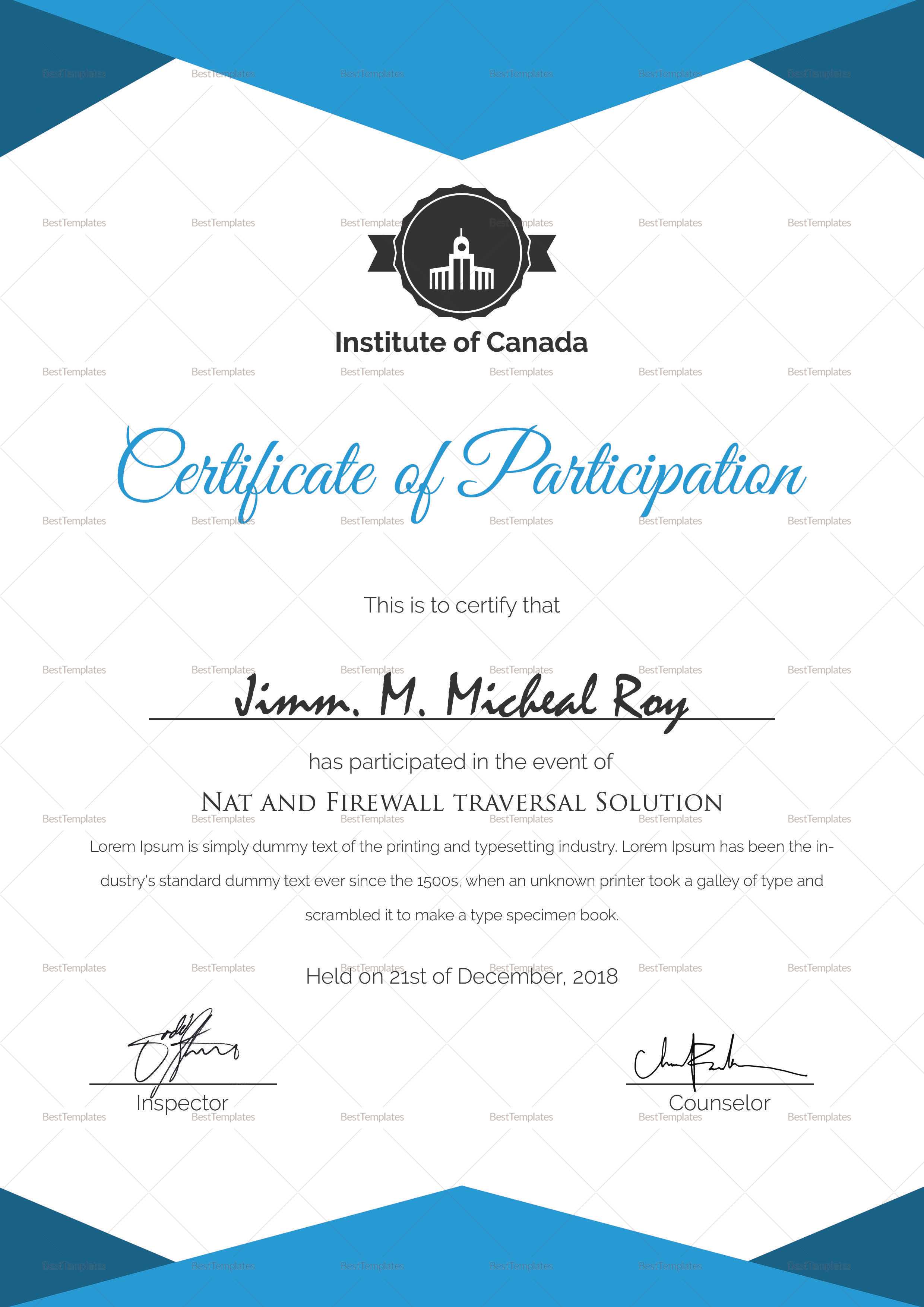 Sample Certificate Of Participation Template In Certificate Of Participation Word Template