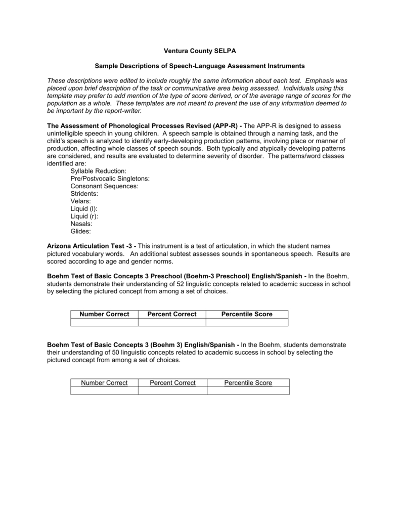 Sample Descriptions Of Speech Language Assessment Instruments Pertaining To Speech And Language Report Template