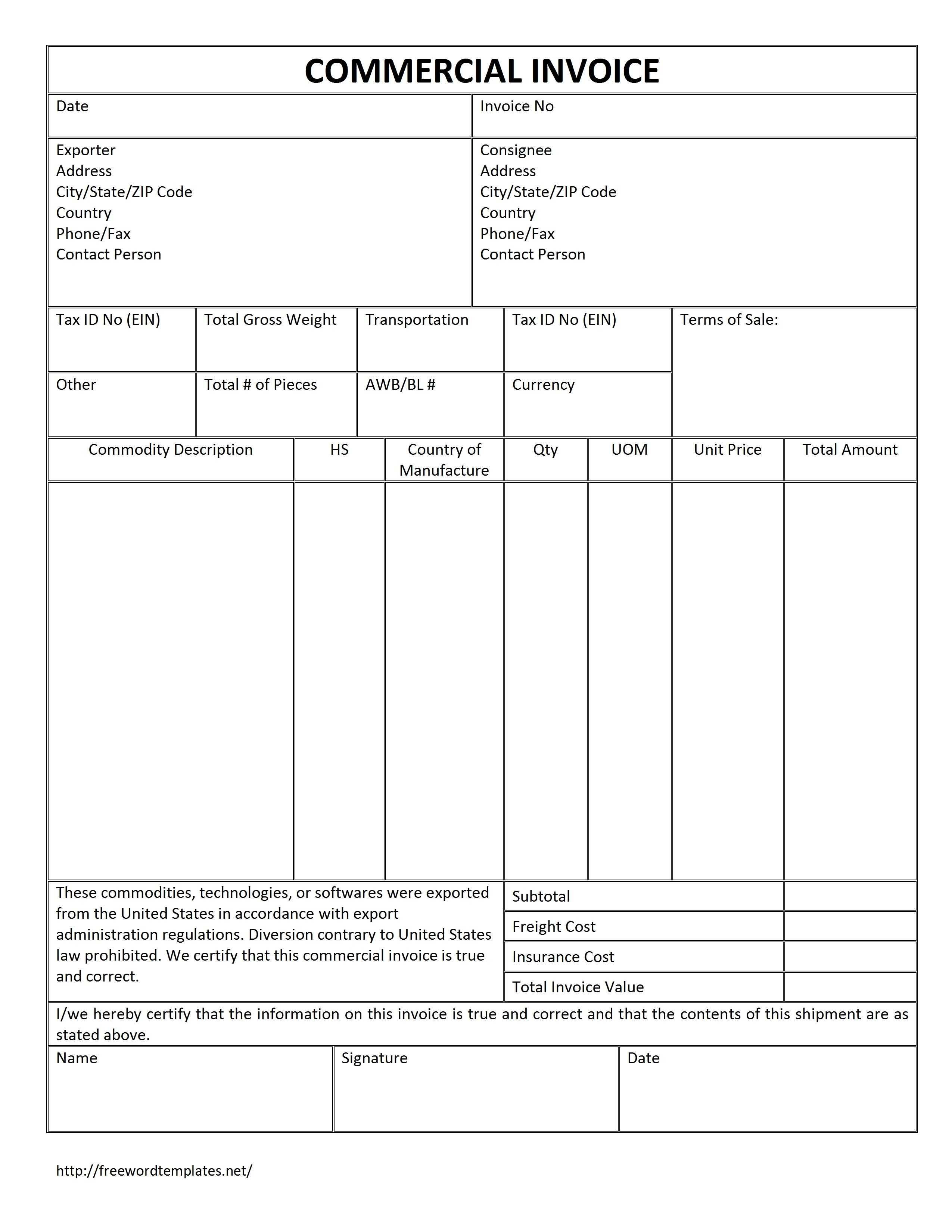 Sample Export Invoice Format Of Export Invoice In Excel Regarding Commercial Invoice Template Word Doc