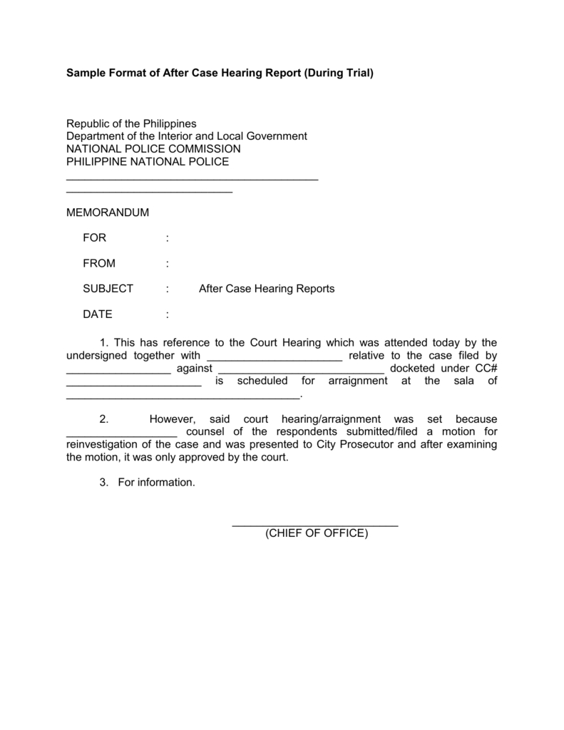 Sample Format Of After Case Hearing Report (During Inside Trial Report Template