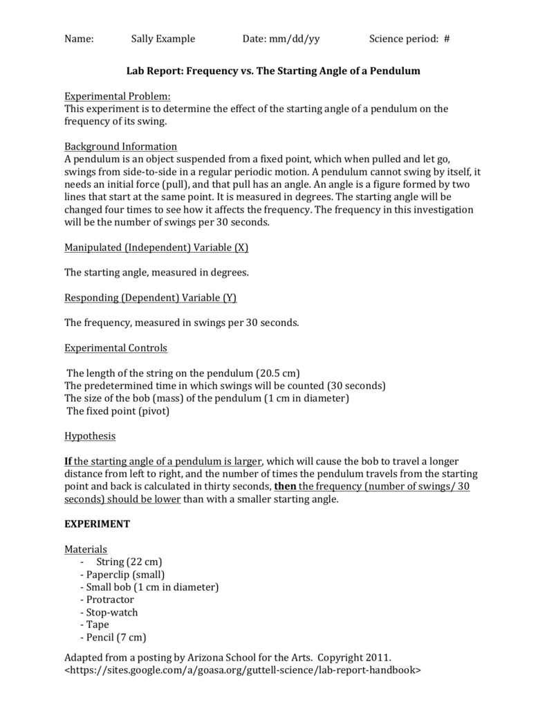 Sample Lab Report (Pendulum) Regarding Science Experiment Report Template