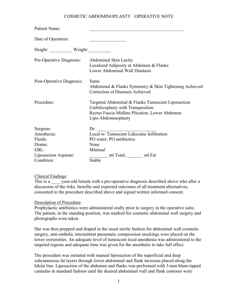 Sample Operative Note With Operative Report Template