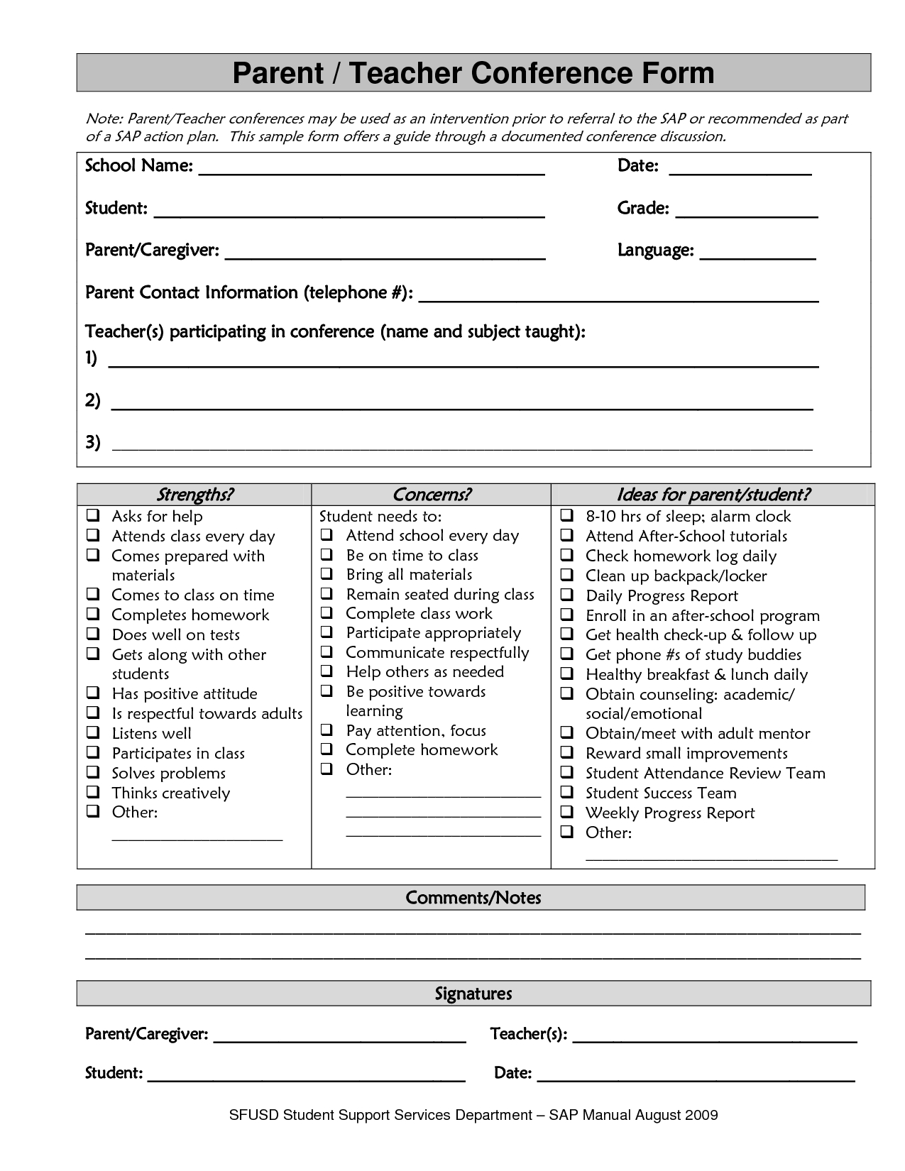 Sample Parent Teacher Conference Form Parent Teacher Intended For Conference Report Template