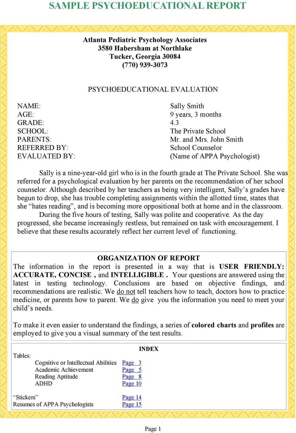 Sample Psychoeducational Report – Pdf Inside Psychoeducational Report Template