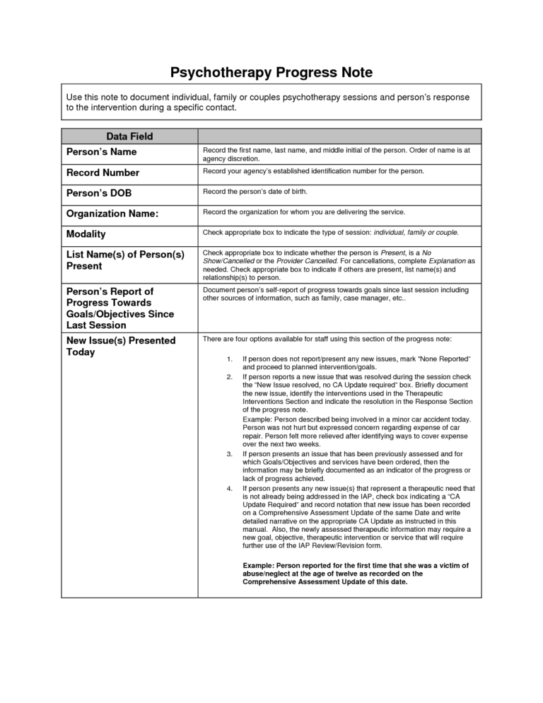 Sample Psychotherapy Progress Notes Template | Treatment regarding ...