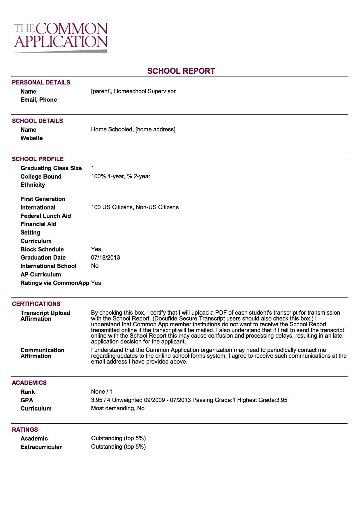 Sample School Report And Transcript (For Homeschoolers In College Report Card Template