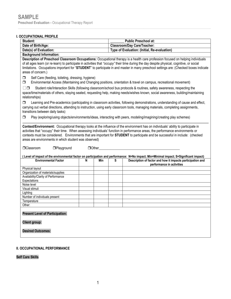 Sample/template For Occupational Therapy Preschool Evaluation With Template For Evaluation Report