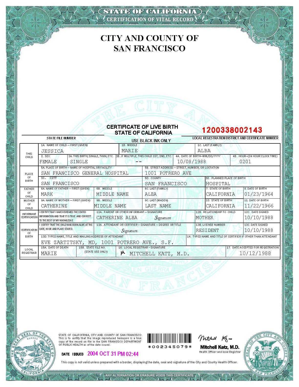 San Francisco Birth Certificate Template | Birth Certificate For Editable Birth Certificate Template