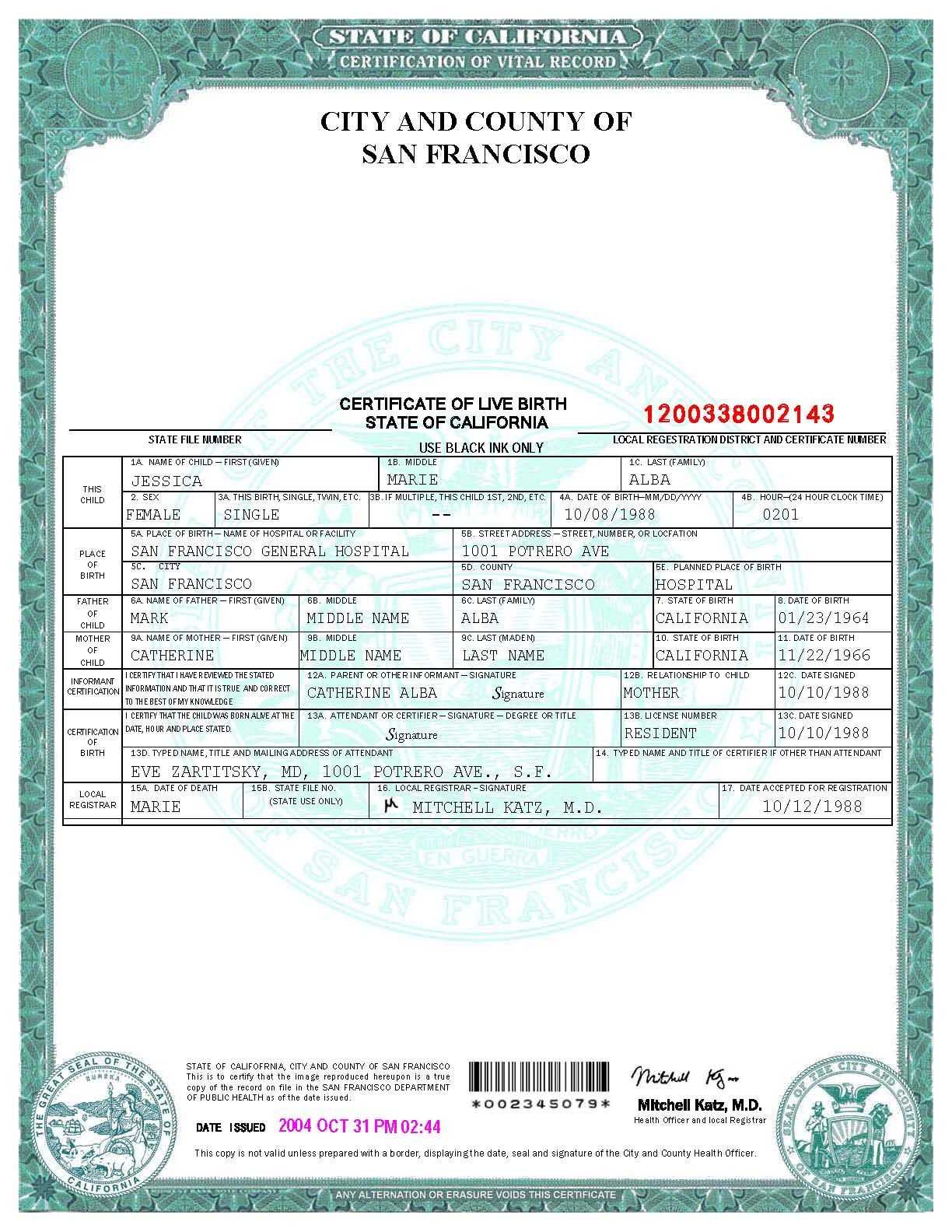 San Francisco Birth Certificate Template | Birth Certificate Intended For Birth Certificate Fake Template