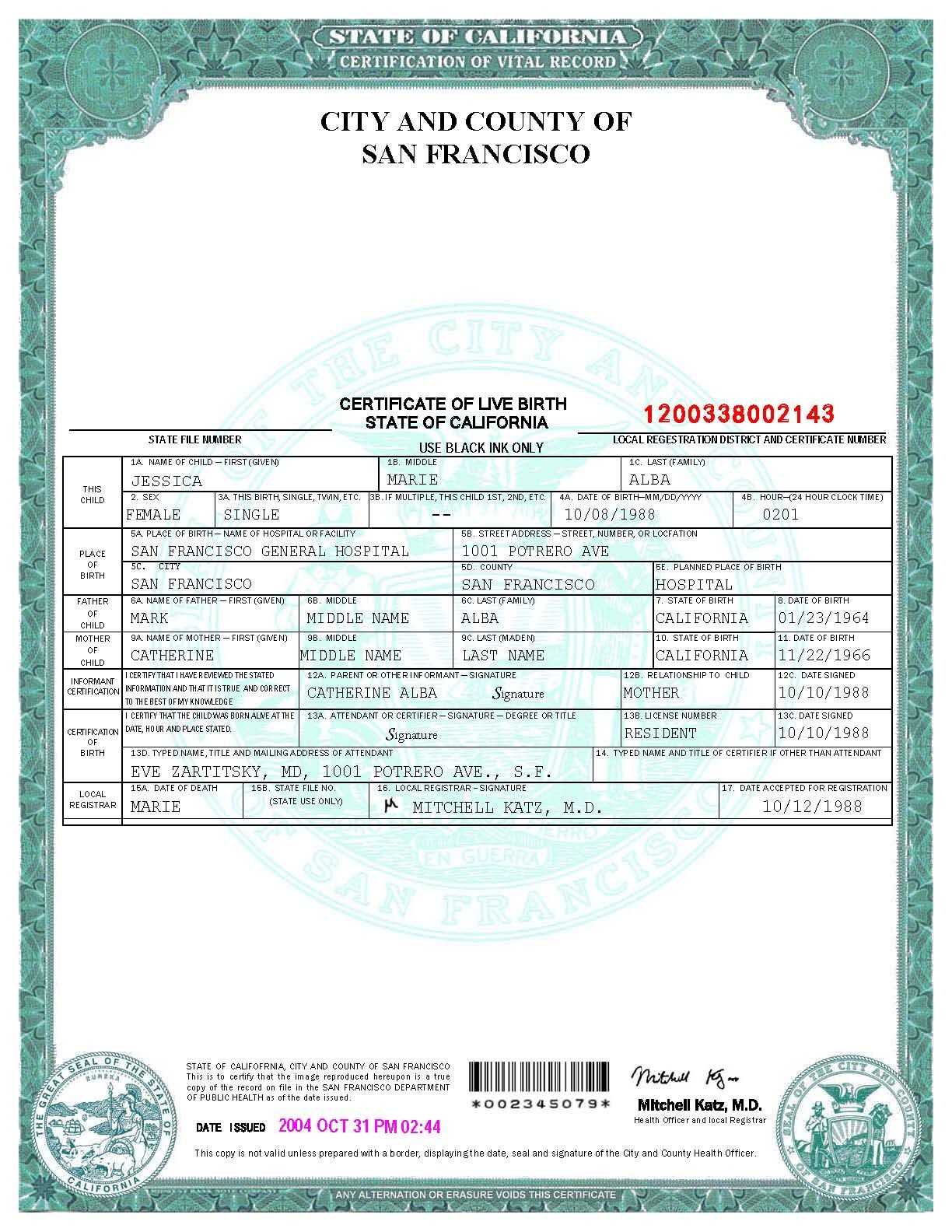 San Francisco Birth Certificate Template | Birth Certificate With Regard To Fake Death Certificate Template