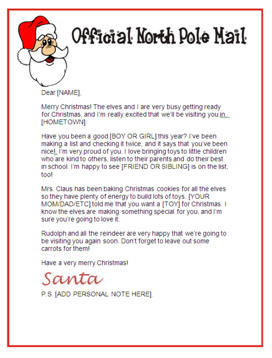 Santa Letter Stationary – Official North Pole Mail In Letter From Santa Template Word