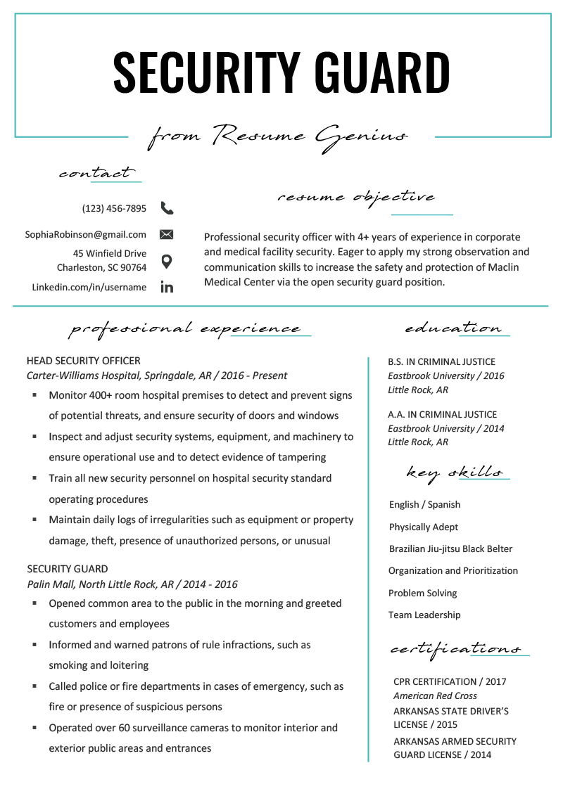 Security Guard Resume Sample & Writing Tips | Resume Genius Intended For History And Physical Template Word