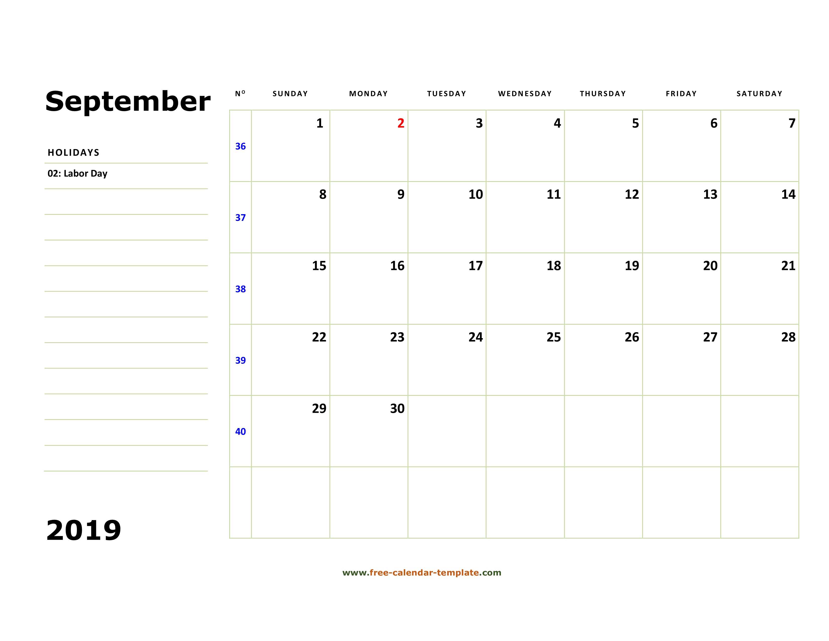 September 2019 Free Calendar Tempplate | Free Calendar With Regard To Full Page Blank Calendar Template