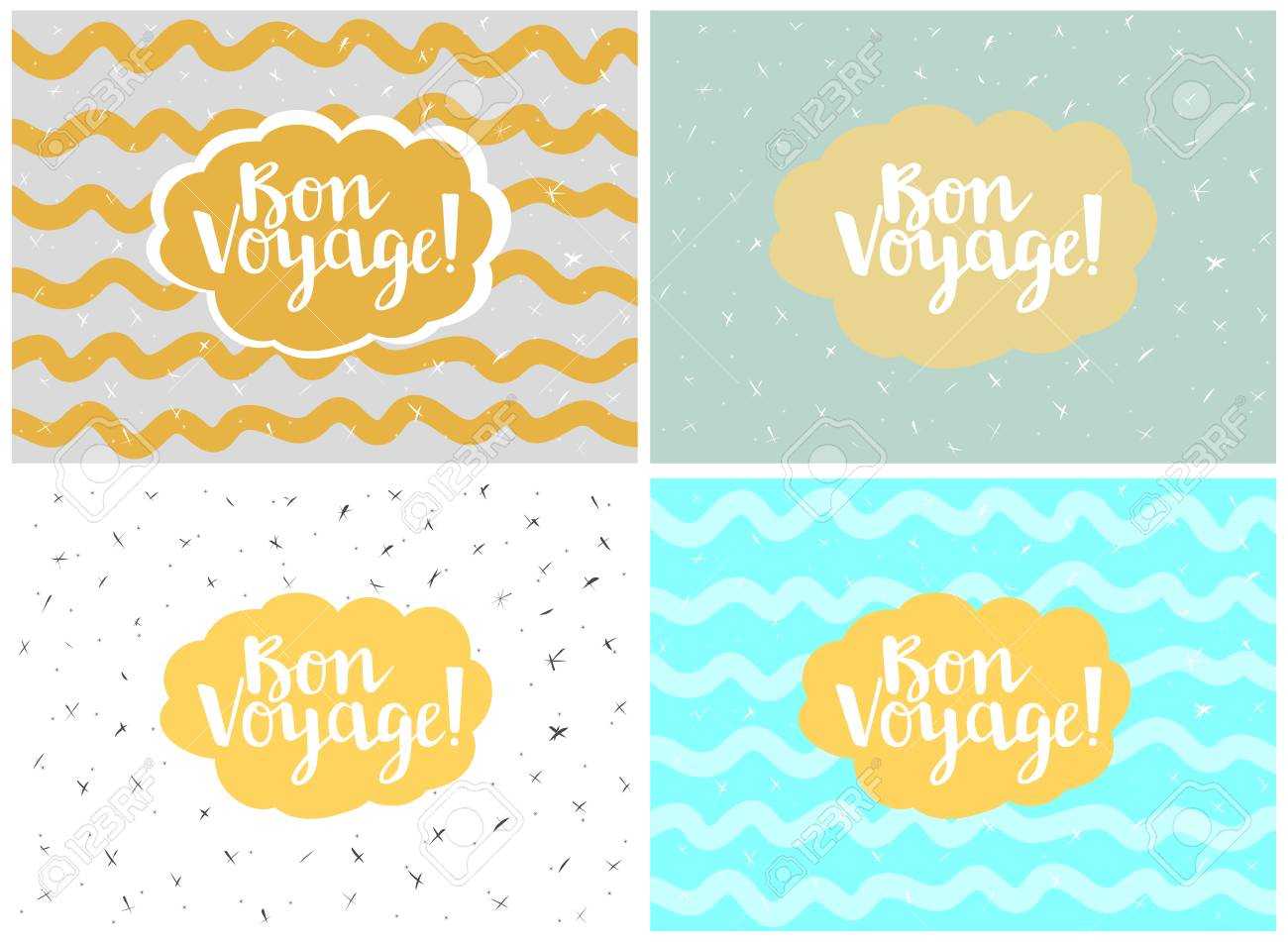 Set Of Four Cards, Vector Templates. Bon Voyage. In Bon Voyage Card Template