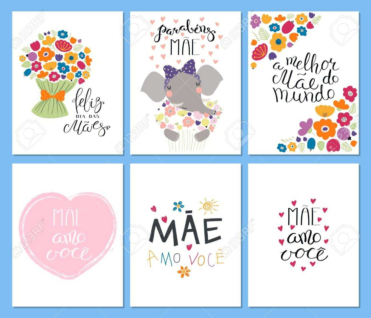 Set Of Mother's Day Cards Templates With Quotes In Portuguese With Mothers Day Card Templates